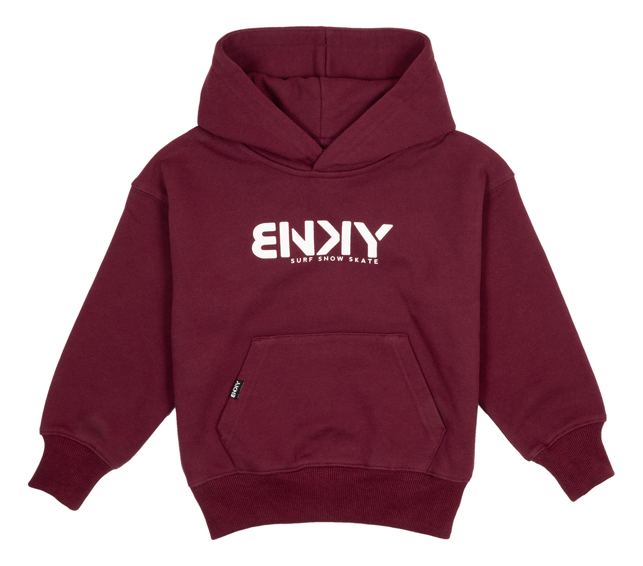 Maroon BNKY hooded sweatshirt featuring a front pocket and bold white logo, designed for kids' surf, snow, and skate lifestyle.