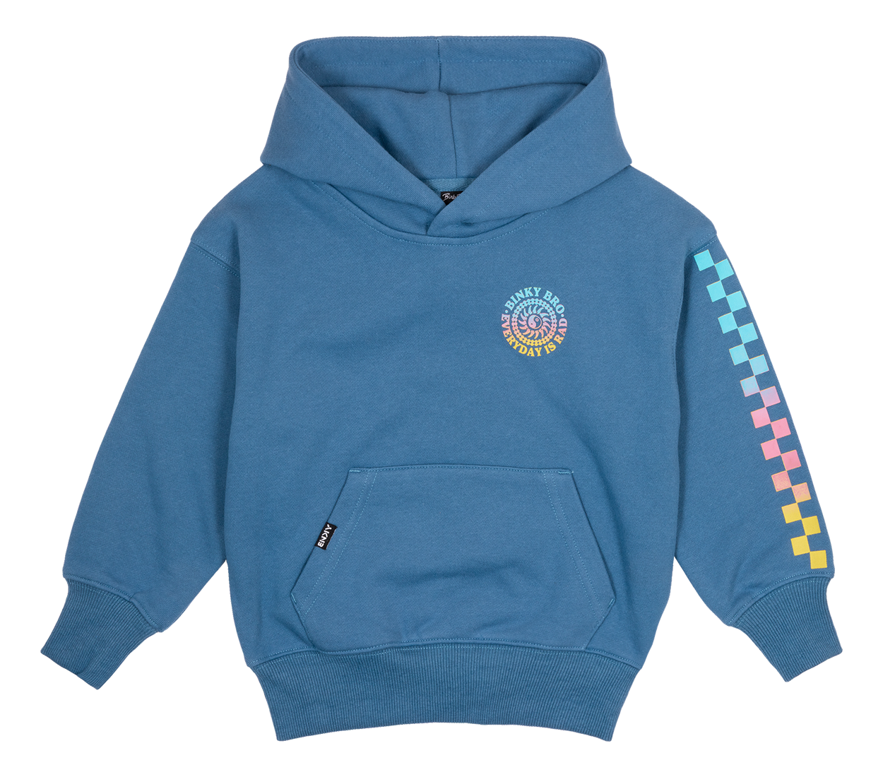 Blue hooded sweatshirt for kids featuring a colorful logo and checkered design on the sleeve. Ideal for stylish, active youth.