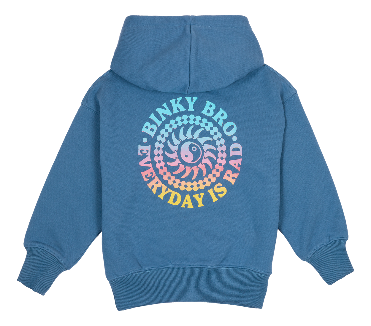 Blue hoodie featuring a colorful spiral graphic with the text "Binky Bro. Everyday is Rad" on the back. Perfect for kids.