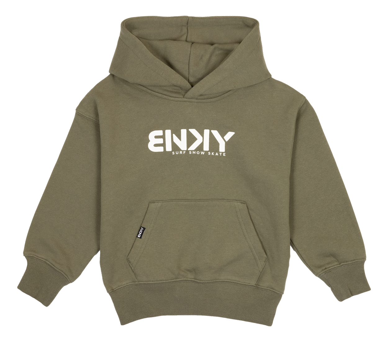 Stylish green BNKY hooded sweatshirt for kids featuring a front pocket and bold logo, perfect for a surf-snow-skate lifestyle.