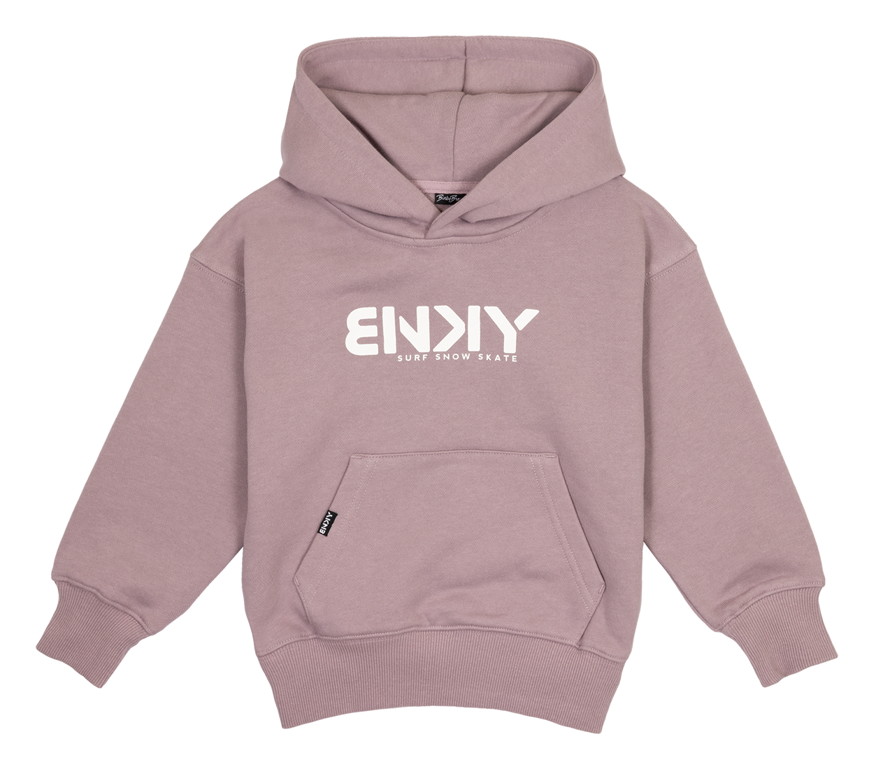Mauve BNKY hooded sweatshirt featuring a front pocket and bold logo, perfect for stylish kids embracing surf and skate culture.