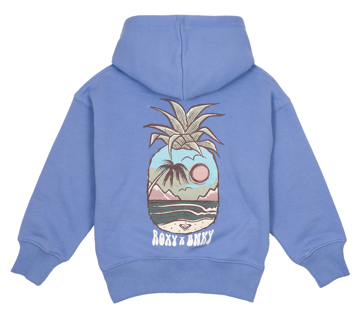 Blue hoodie featuring a pineapple graphic with a sunset and beach scene, designed for kids by BNKY and Roxy.