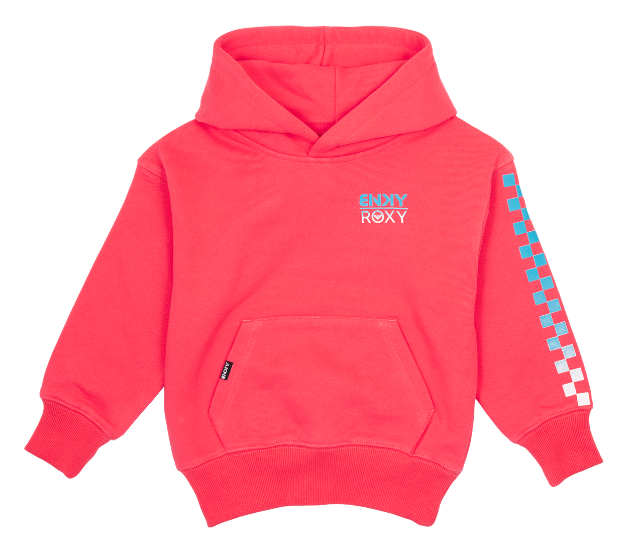 Coral hooded sweatshirt featuring a front pocket and colorful graphic on the sleeve, perfect for stylish kids.