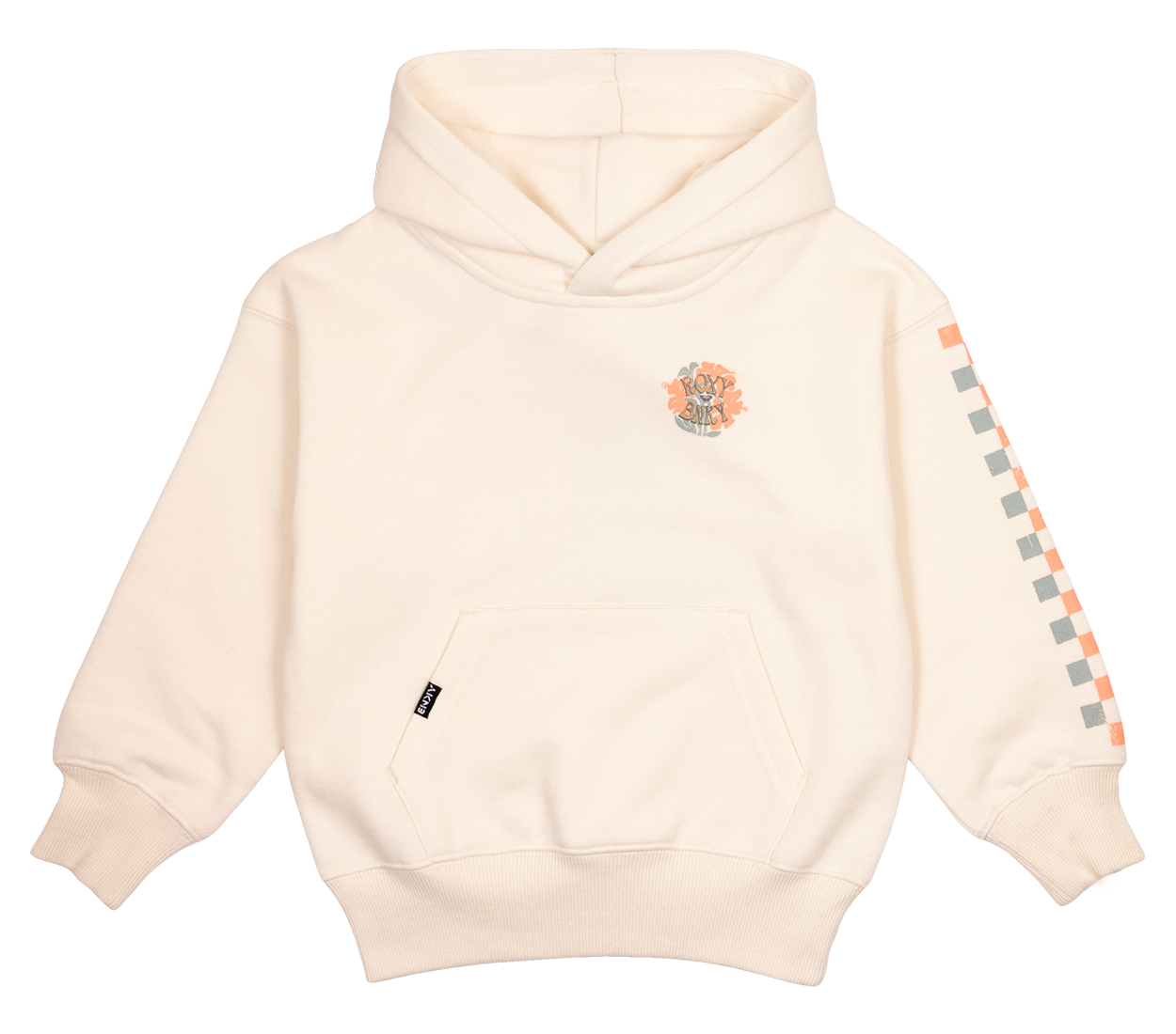 Cream-colored floral hooded sweatshirt featuring a front pocket and colorful side stripes, designed for kids.