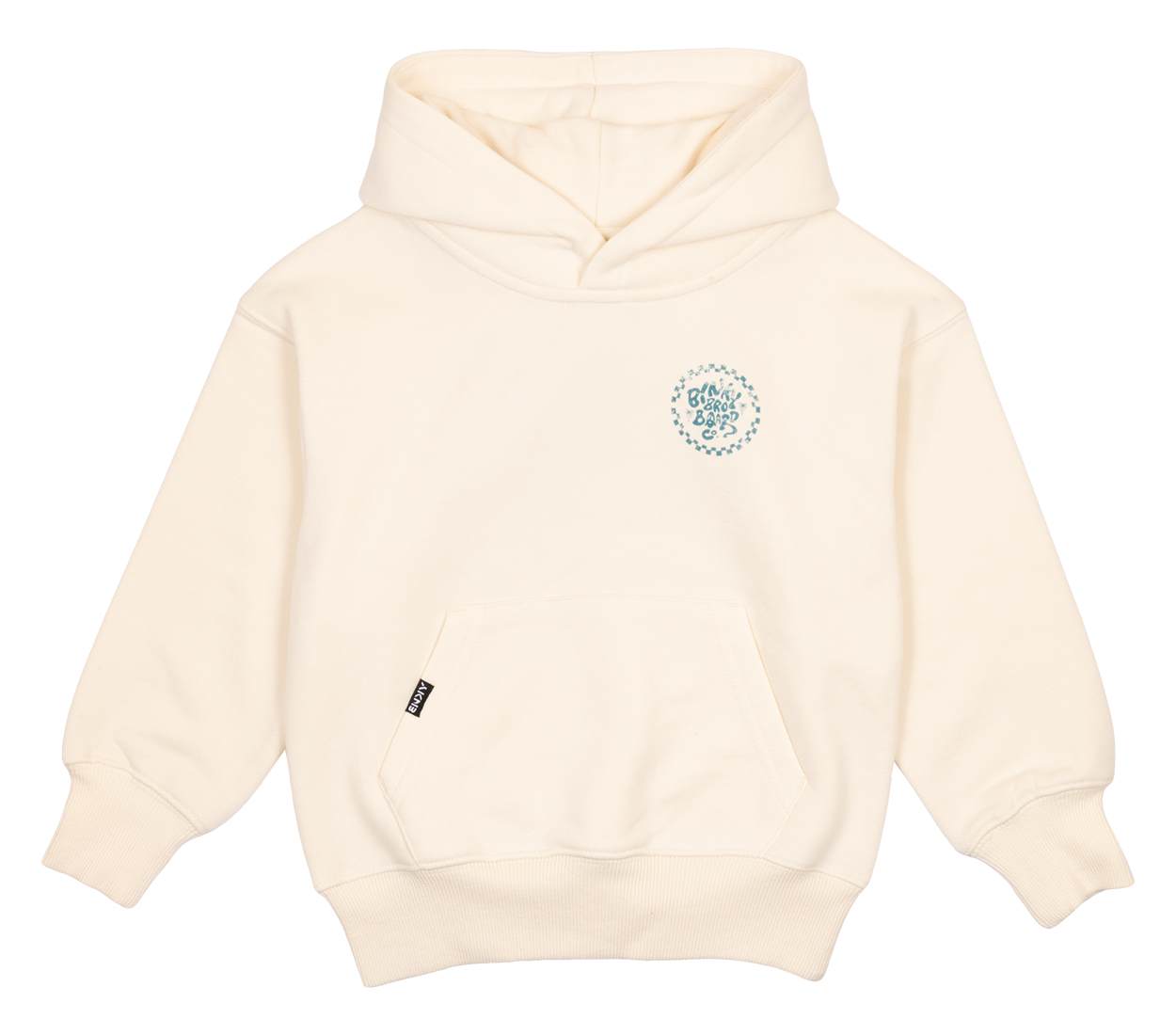 Cream-colored hoodie featuring a front pocket and a circular logo design on the chest, perfect for stylish kids.