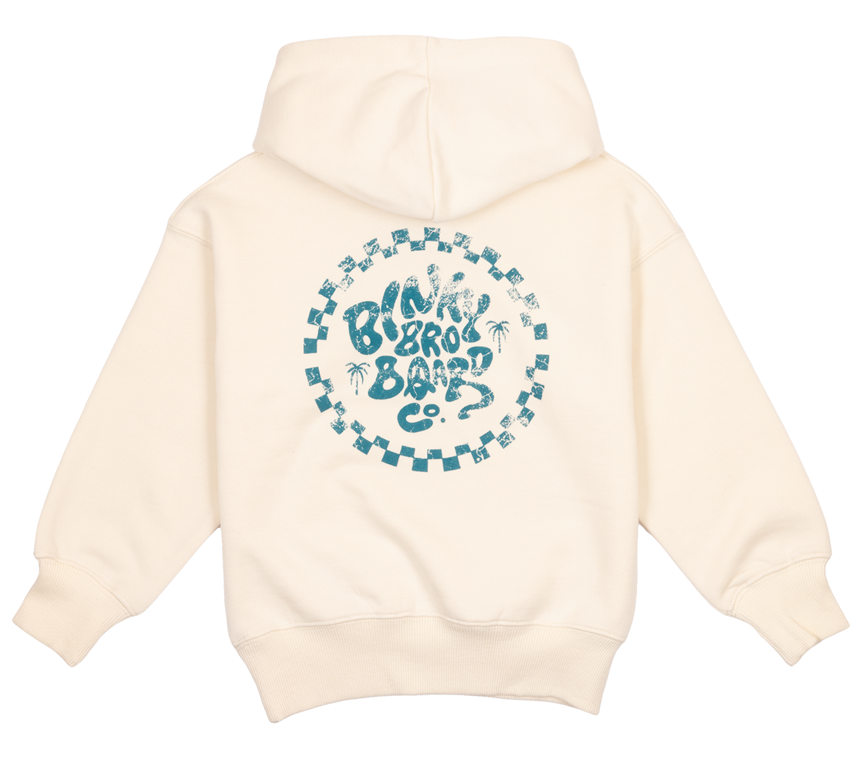 Cream hoodie featuring a circular graphic with "BinkyBro" and palm trees, perfect for stylish kids' casual wear.