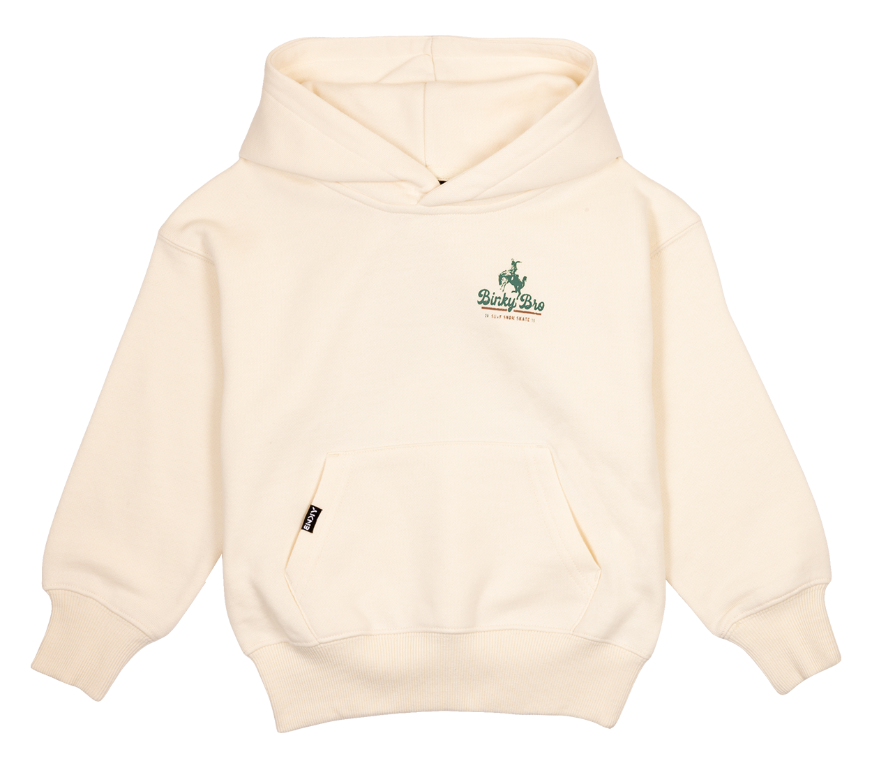Cream-colored hoodie with a front pocket and green BinkyBro logo, designed for infants and toddlers. Stylish and cozy.