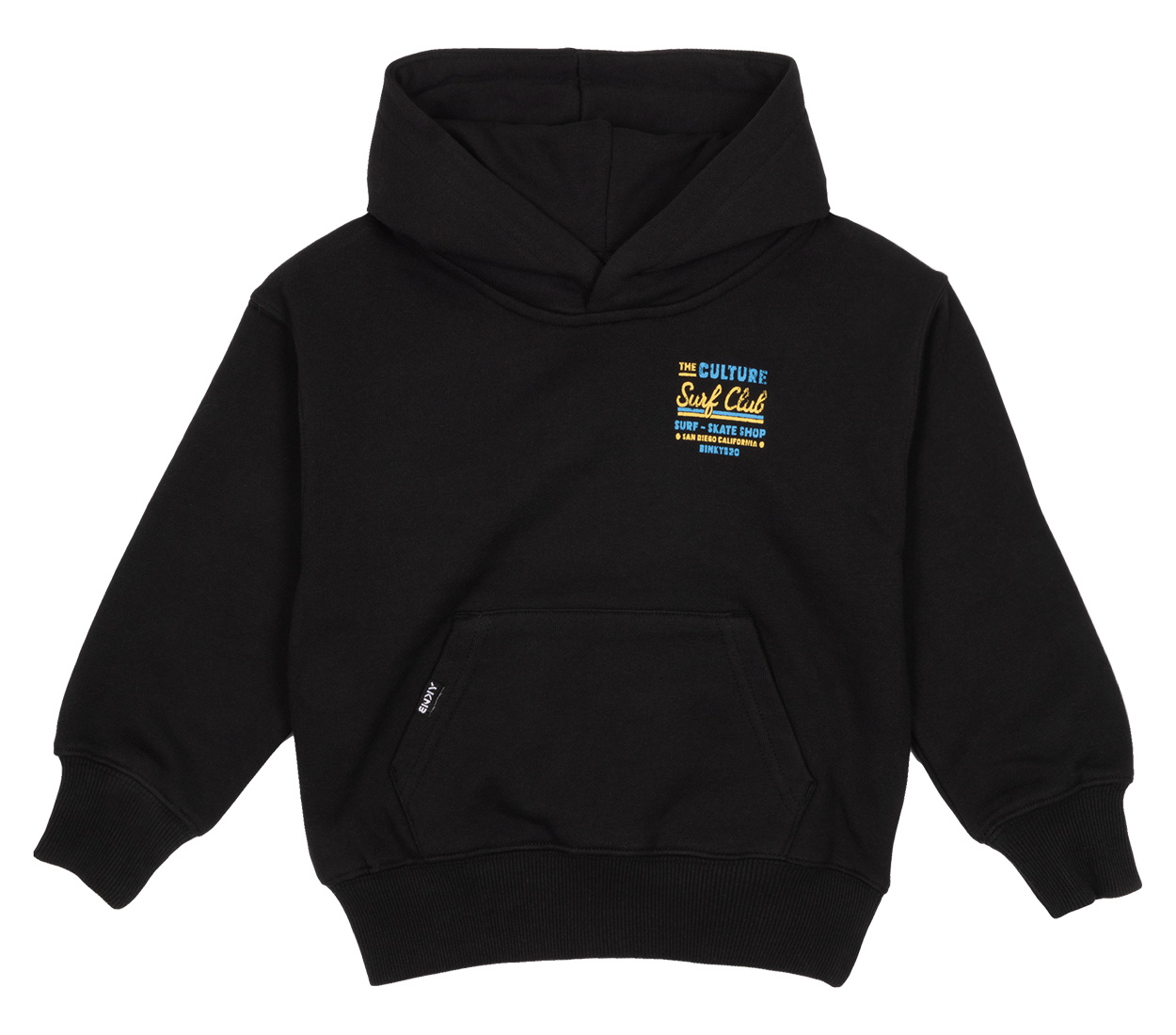 Black hoodie featuring "The Culture Surf Club" graphic, designed for kids with a relaxed fit and front pocket.