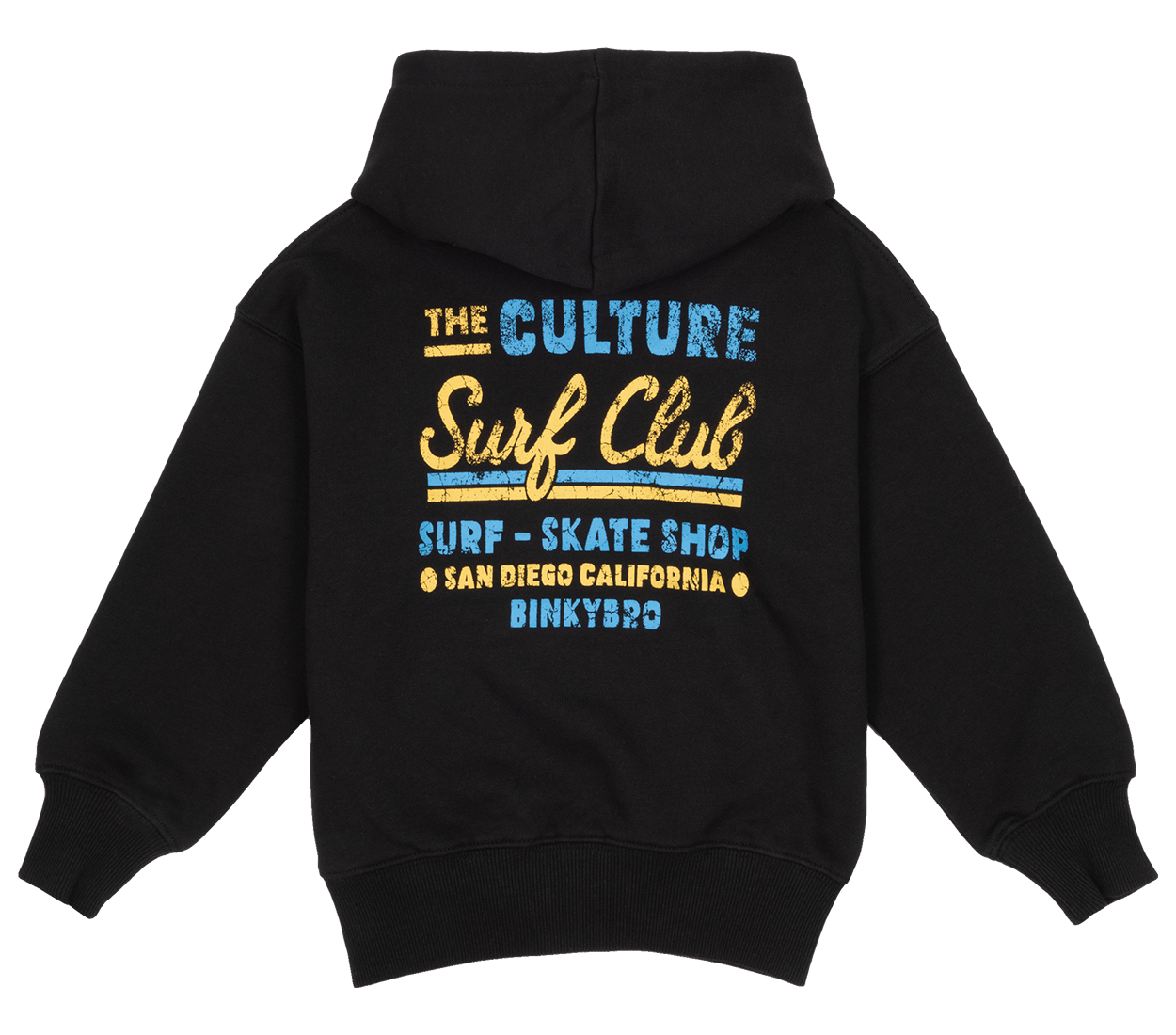 Black hoodie featuring "The Culture Surf Club" graphic in vibrant blue and yellow, promoting a surf and skate lifestyle.