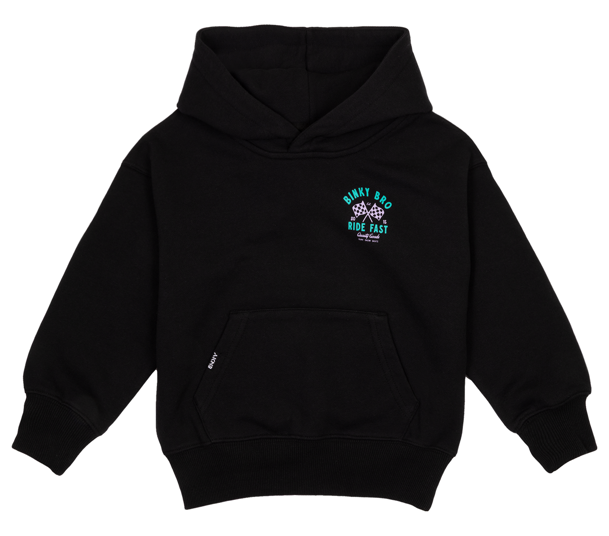 Black hoodie featuring a front pocket and colorful "Ride Fast" graphic, perfect for kids who love racing and adventure.