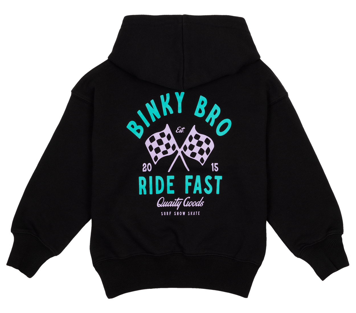 Black hoodie featuring "Binky Bro Ride Fast" with checkered flags and established date, perfect for young racing enthusiasts.