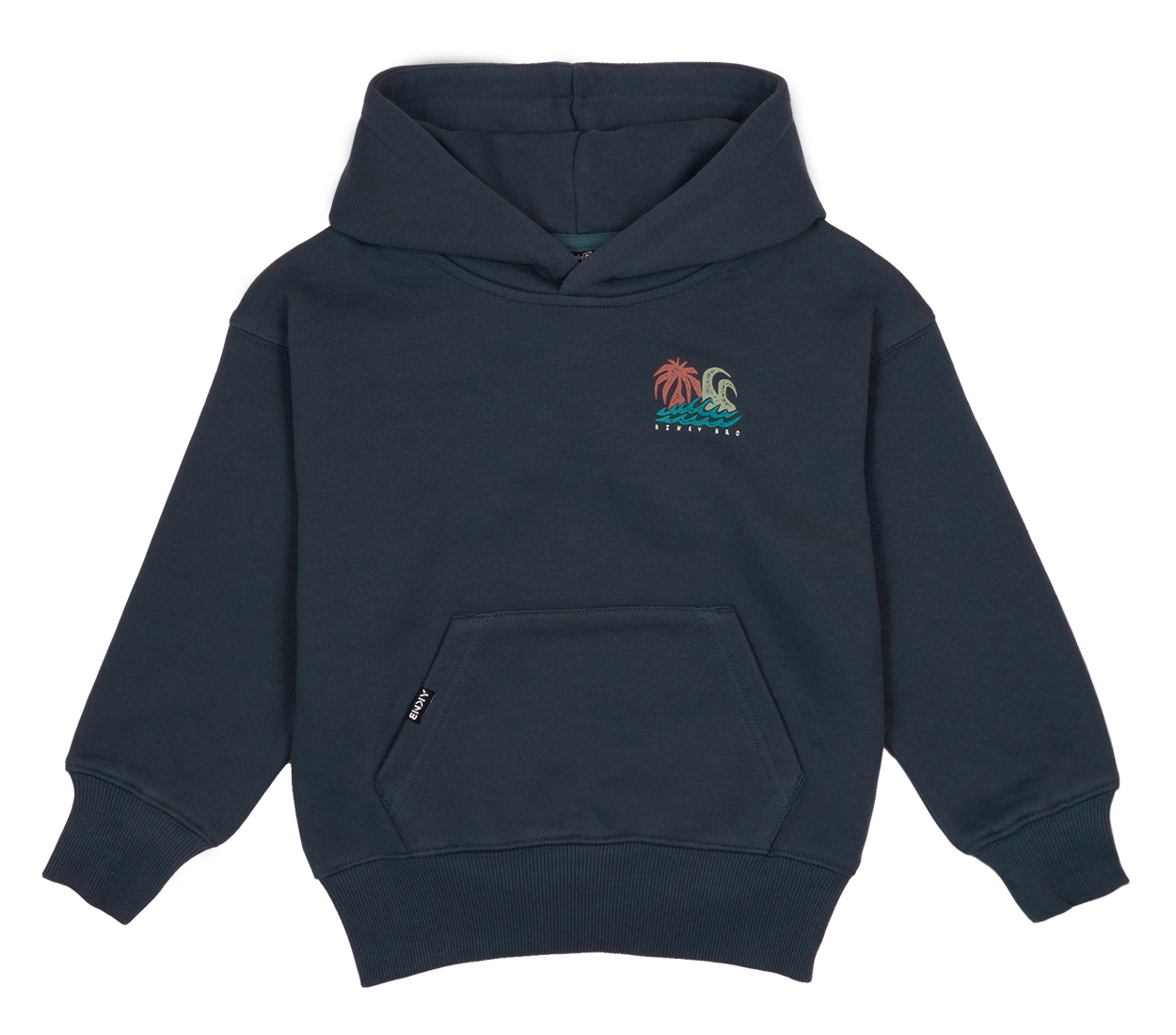 Navy blue hoodie for kids featuring a palm tree and wave graphic, perfect for a surf-inspired look.