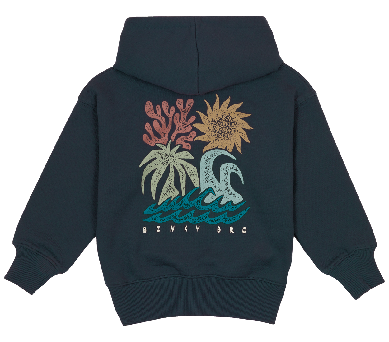 Navy hoodie featuring a vibrant ocean-themed graphic with waves, sun, and coral, perfect for stylish kids.