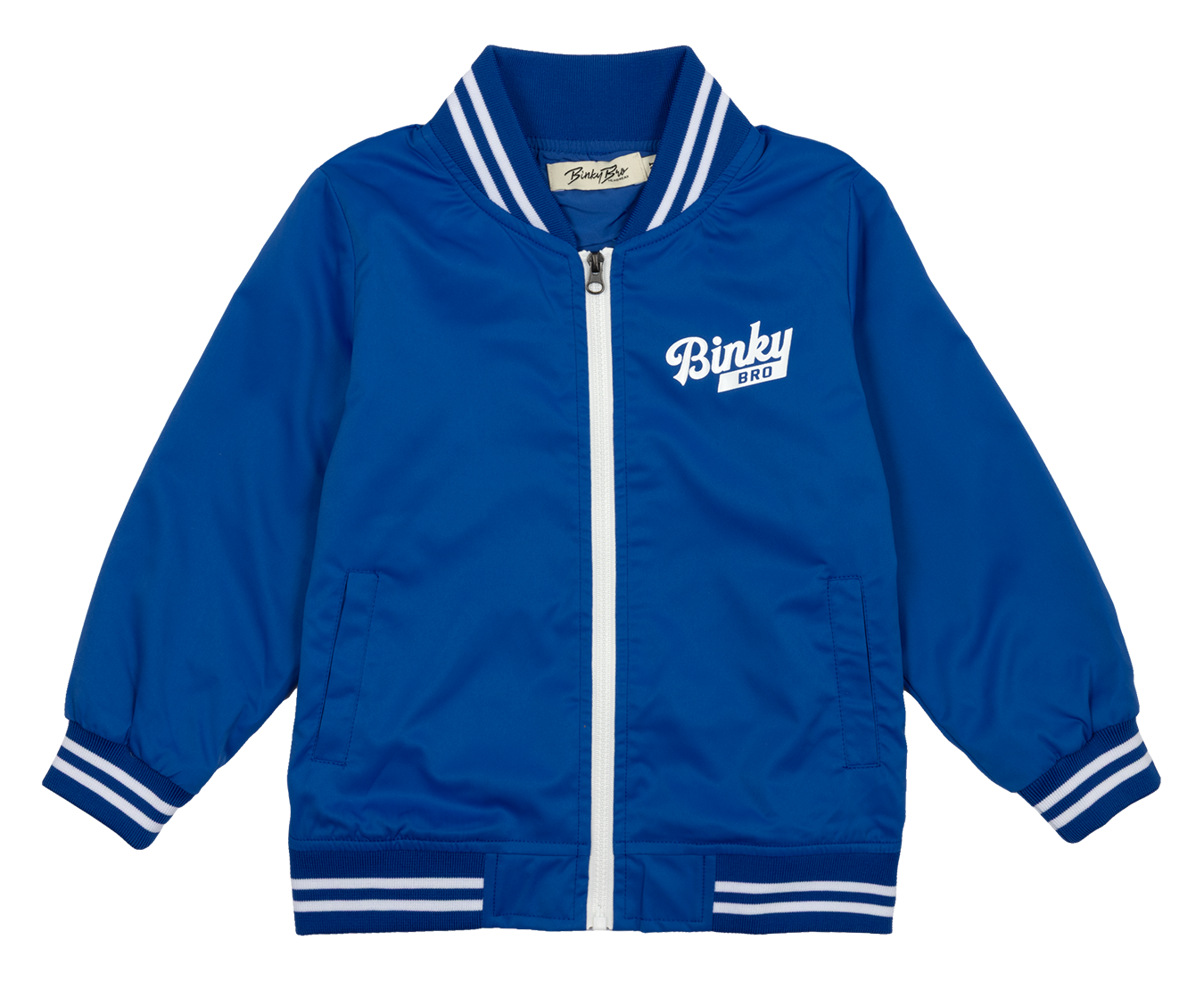 Bright blue zip-up jacket for kids featuring white stripes and BinkyBro logo, perfect for stylish outdoor adventures.