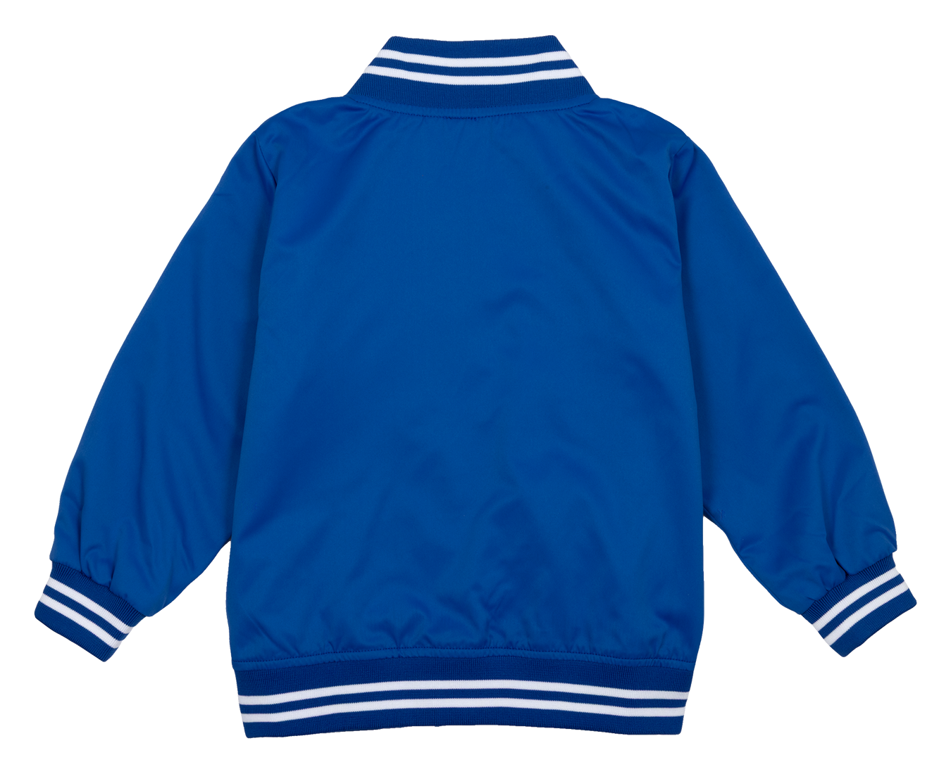 Bright blue jacket with white striped collar and cuffs, designed for infants and toddlers, showcasing a stylish and sporty look.
