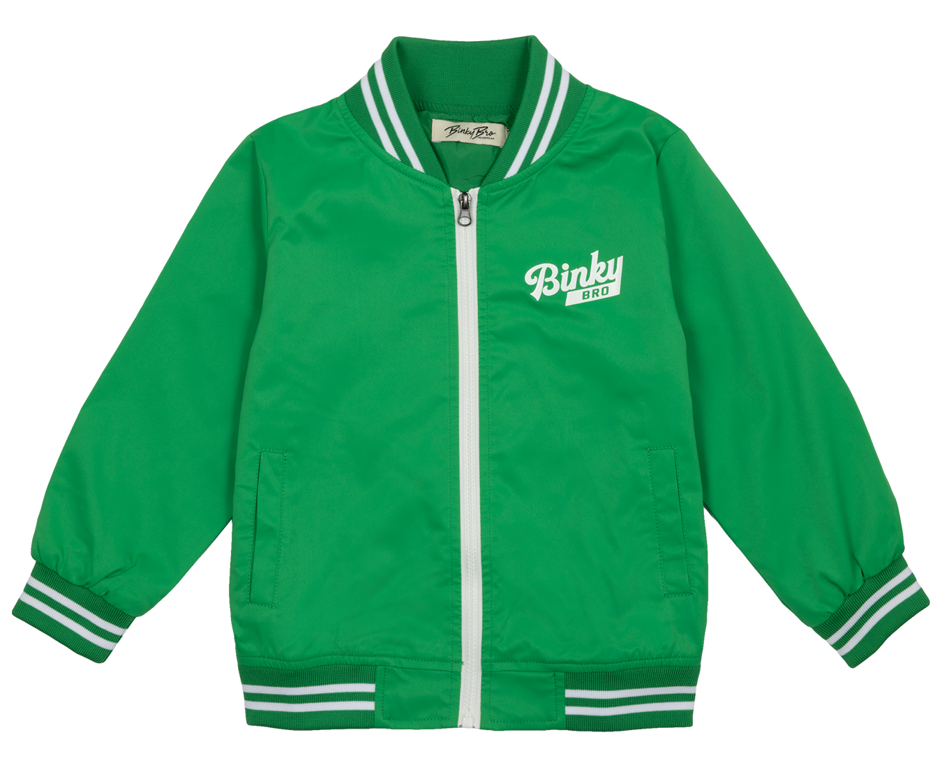 Bright green bomber jacket with white stripes and BinkyBro logo, designed for kids' stylish outdoor wear.