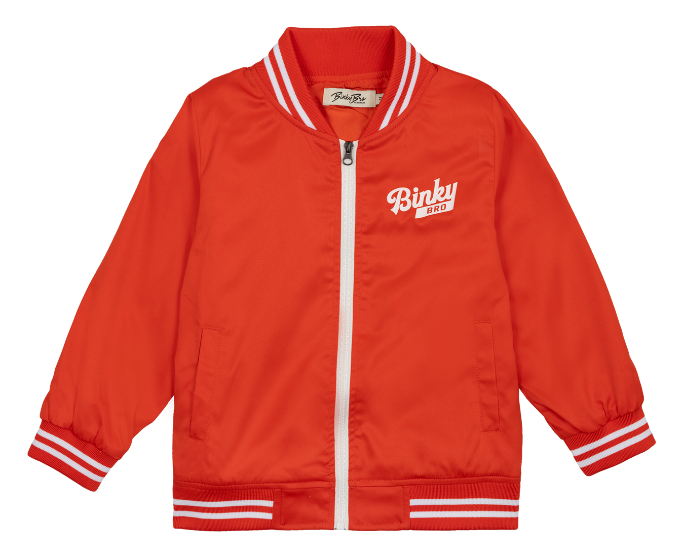 Bright red bomber jacket for kids featuring white stripes and BinkyBro logo, perfect for stylish outdoor wear.
