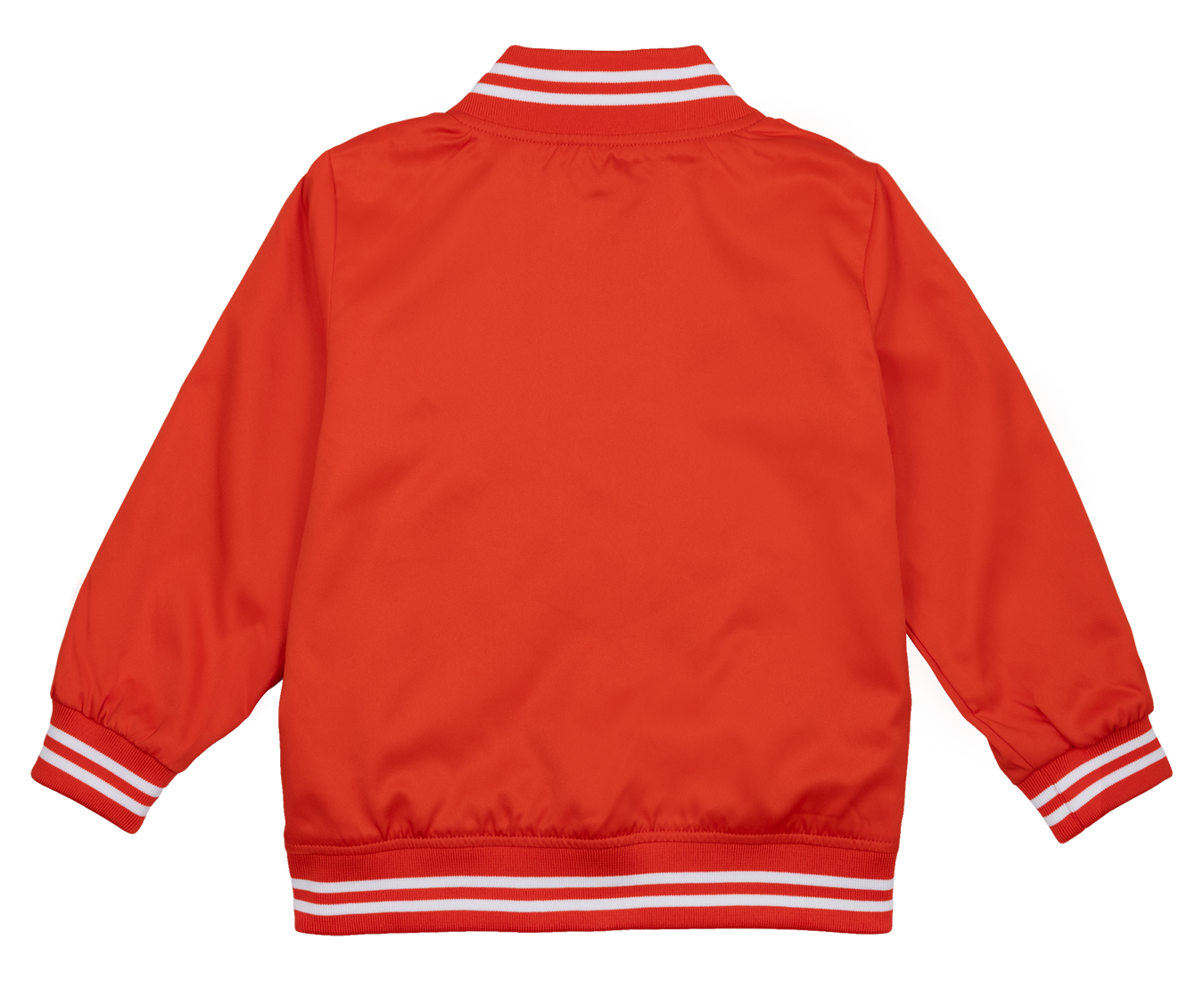 Bright red jacket with white striped collar and cuffs, designed for infants and toddlers, perfect for stylish outdoor wear.