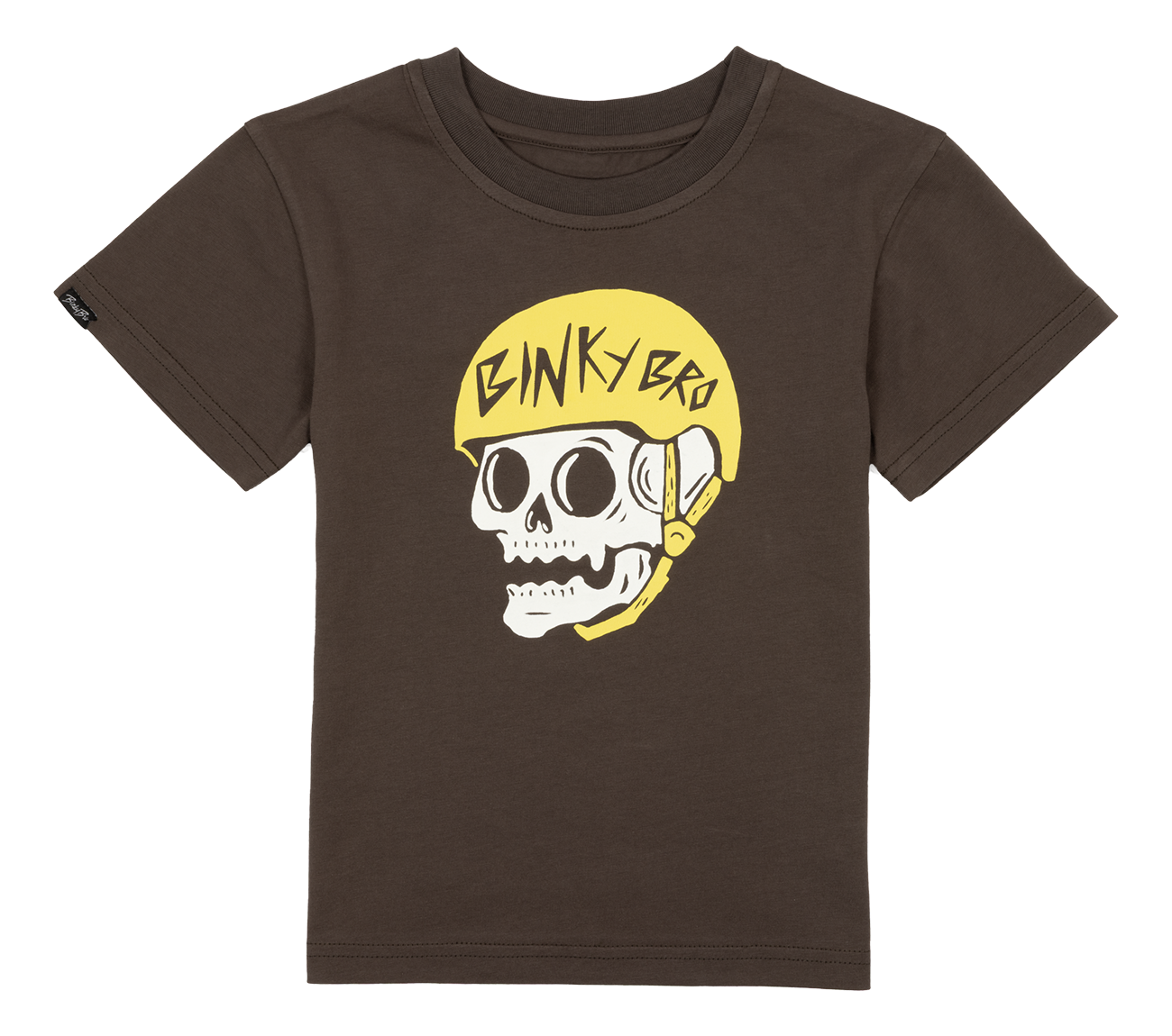 Brown t-shirt featuring a graphic of a skull wearing a yellow skate helmet, designed for kids with a stylish edge.