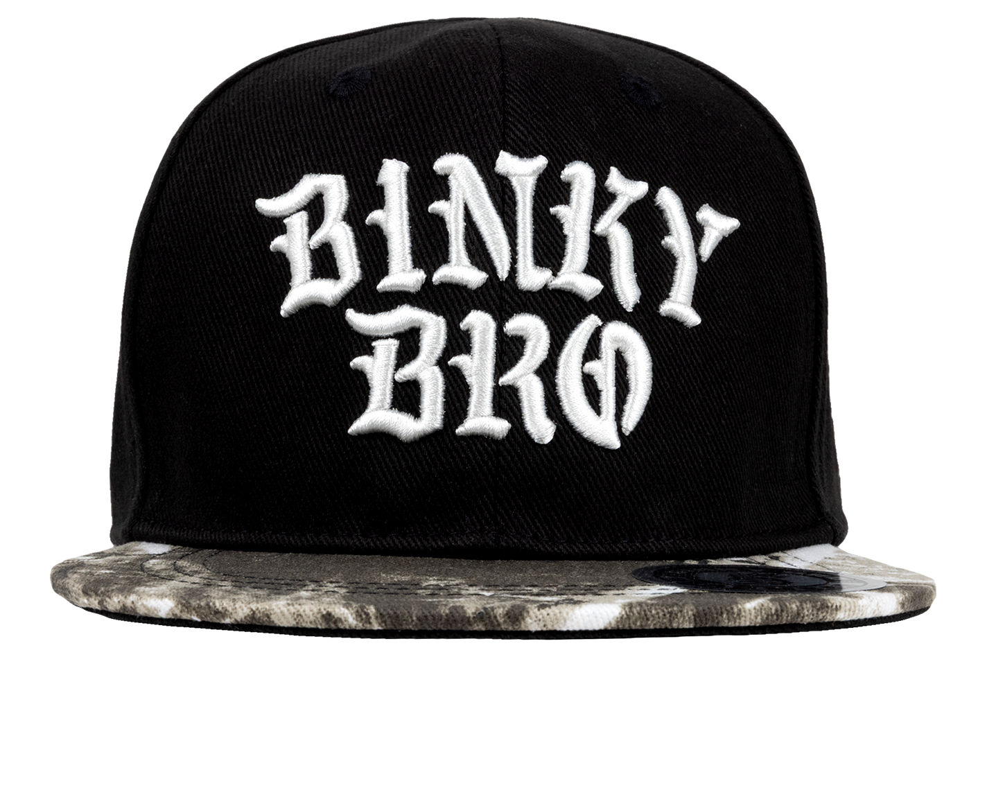 Stylish black snapback hat with bold white "Binky Bro" embroidery and a unique patterned brim, perfect for kids.
