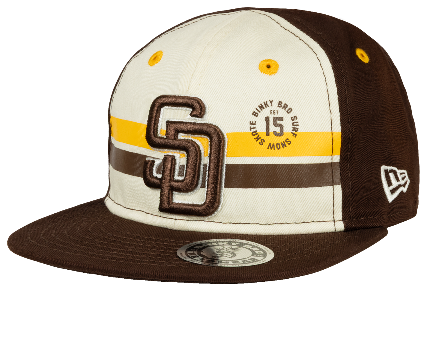 Stylish snapback hat featuring a beige front with brown accents and San Diego logo, perfect for kids embracing surf-snow-skate culture.