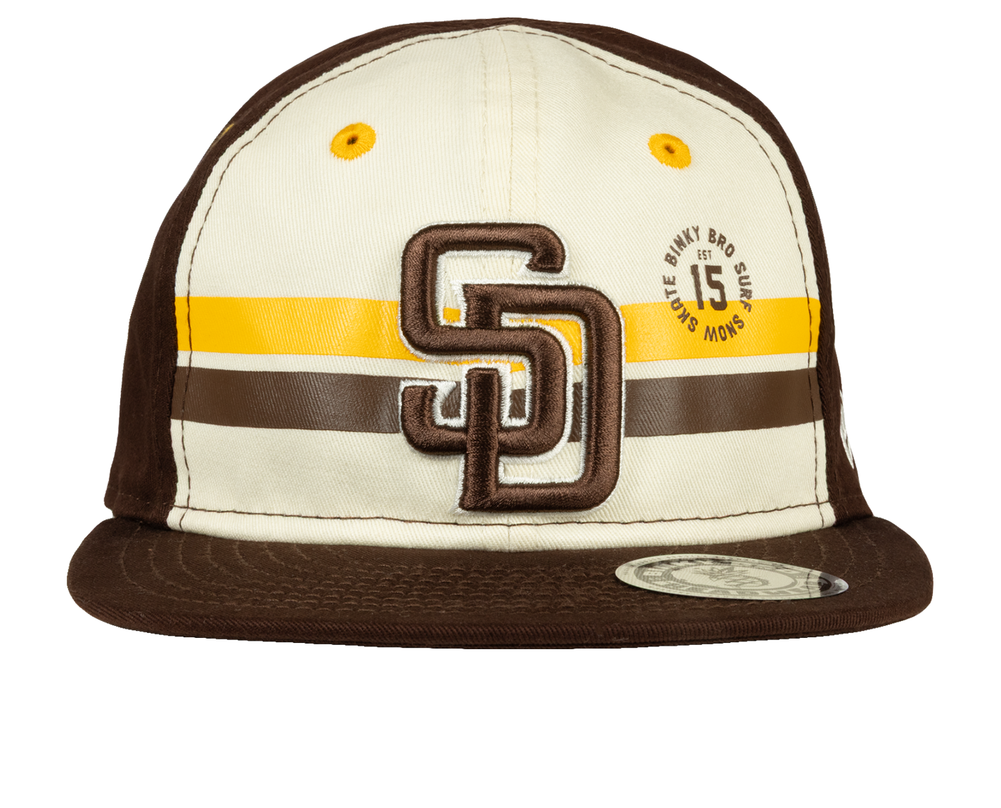 Stylish snapback hat featuring a cream and brown color scheme with San Diego logo and striped design. Perfect for kids.