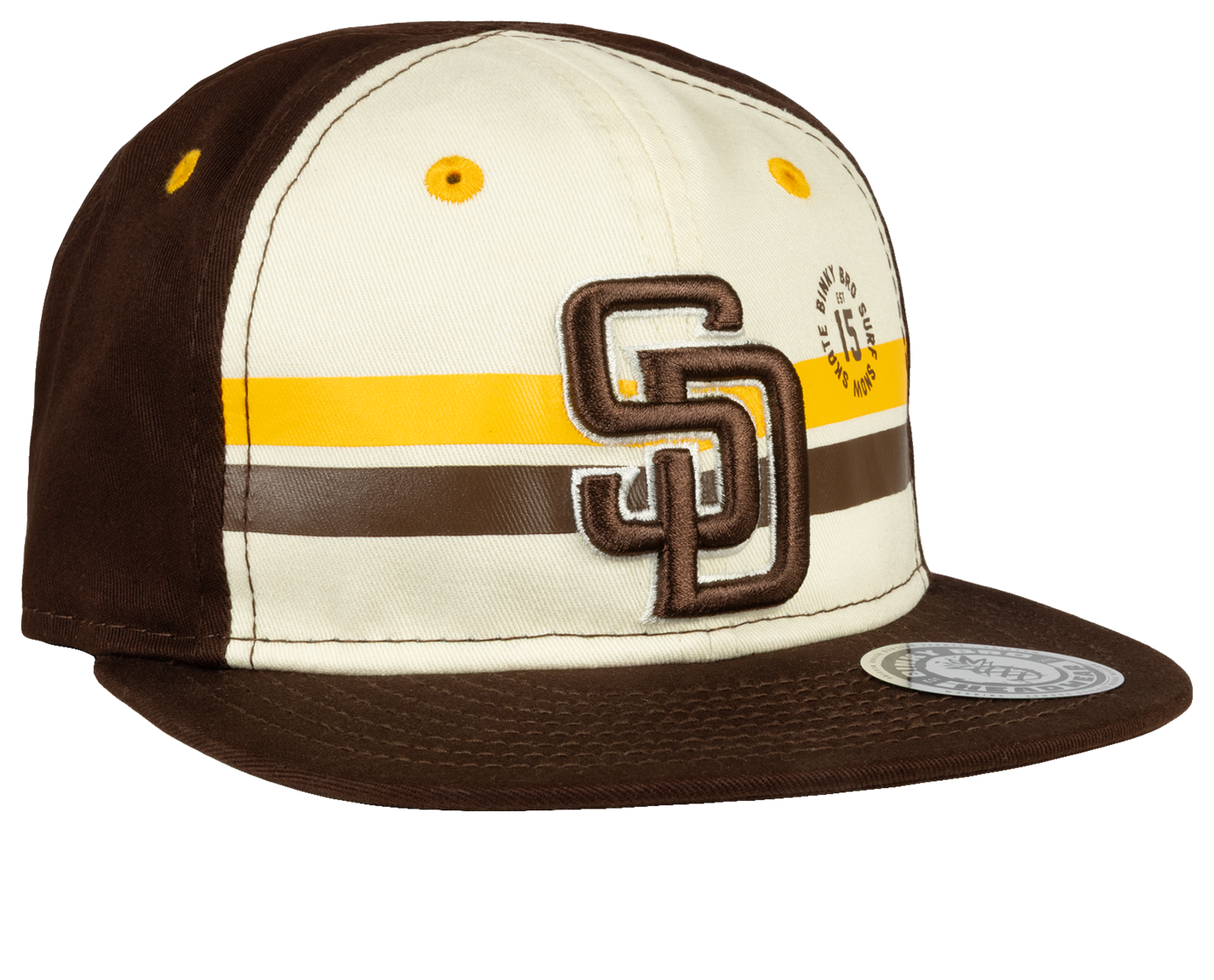 Stylish brown and cream snapback cap featuring San Diego logo and striped design, perfect for young fans.