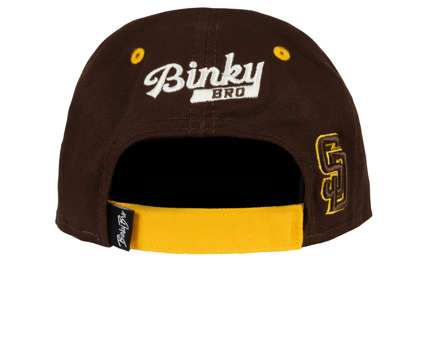 Brown snapback hat with yellow accents featuring BinkyBro logo and embroidered design, perfect for stylish kids.