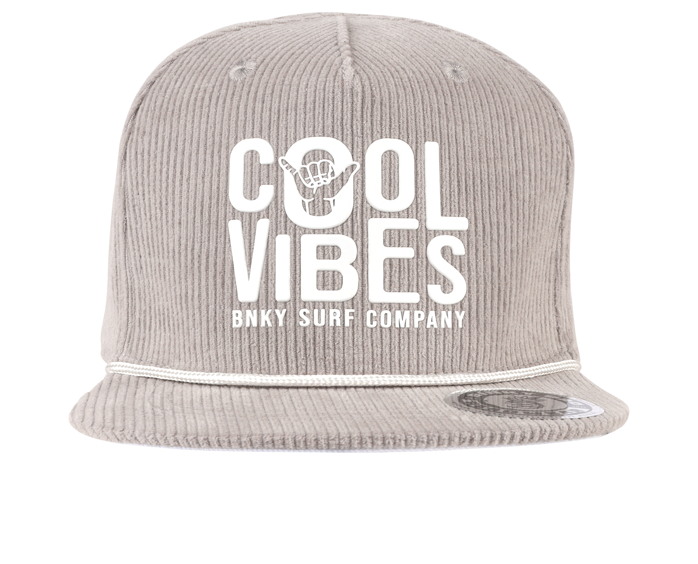 Light gray corduroy snapback hat featuring "COOL VIBES" and a logo from BNKY Surf Company, perfect for stylish kids.