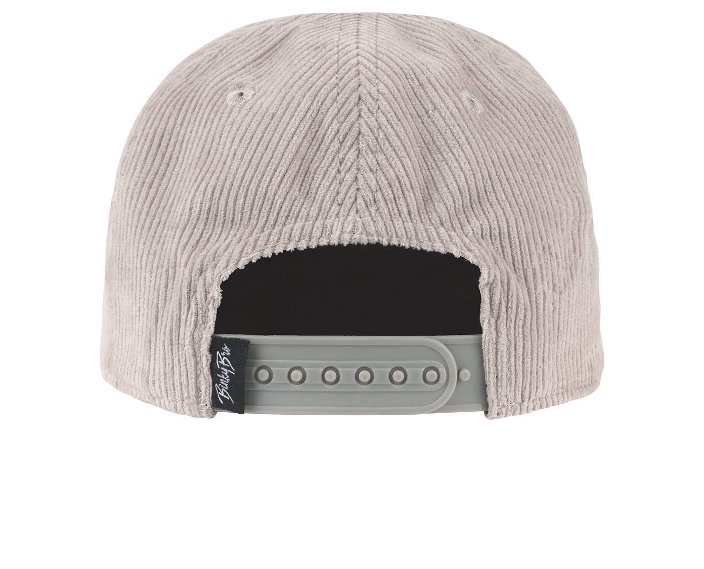 Back view of a stylish beige snapback hat with a textured corduroy finish and adjustable strap, perfect for kids.