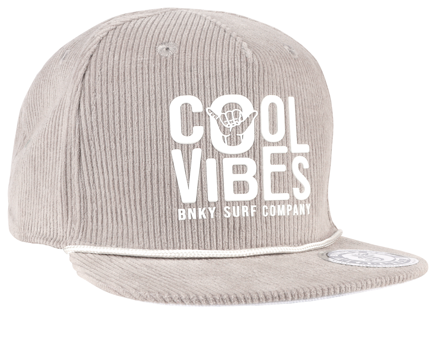 Stylish gray snapback hat featuring "Cool Vibes" text, perfect for kids embracing a surf-snow-skate lifestyle.