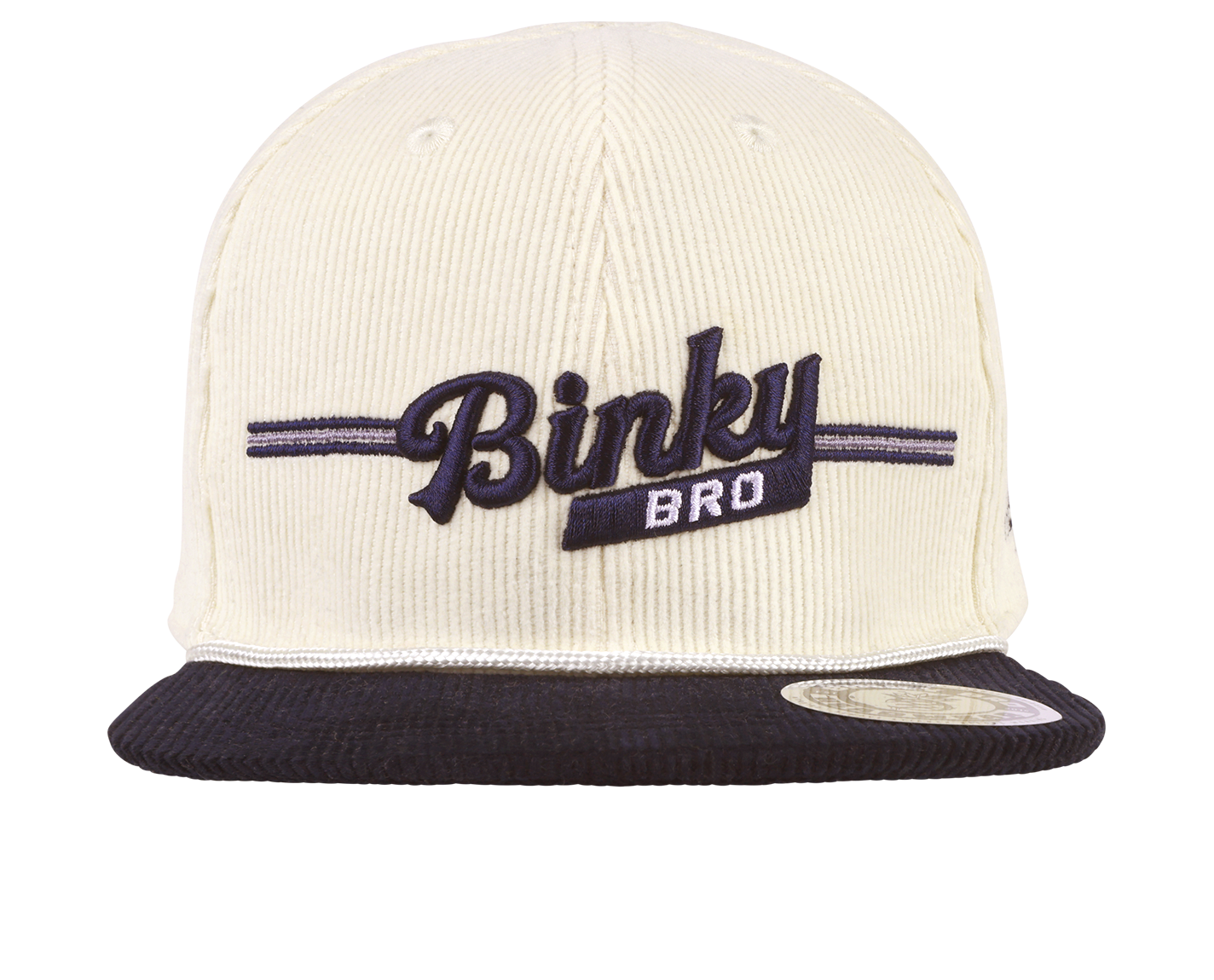 Stylish BinkyBro Luca snapback hat in cream corduroy with a black brim and embroidered logo, perfect for kids.