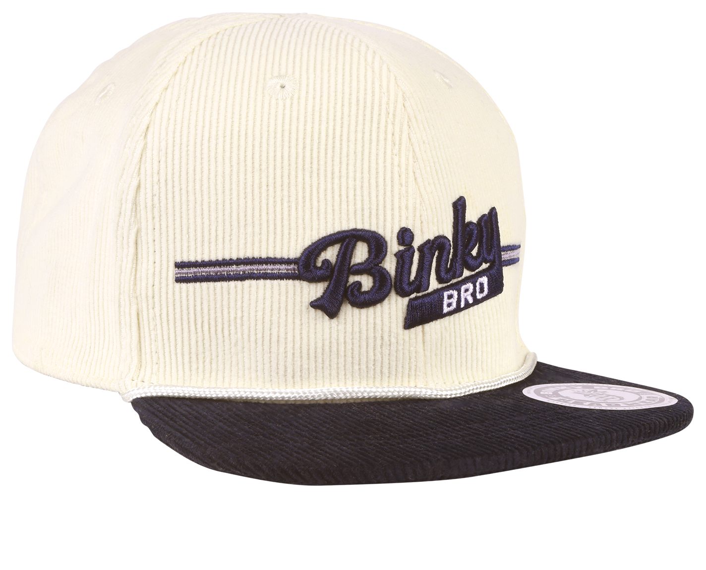 Stylish two-tone snapback hat for kids featuring a cream corduroy body and black brim with embroidered Binky Bro logo.