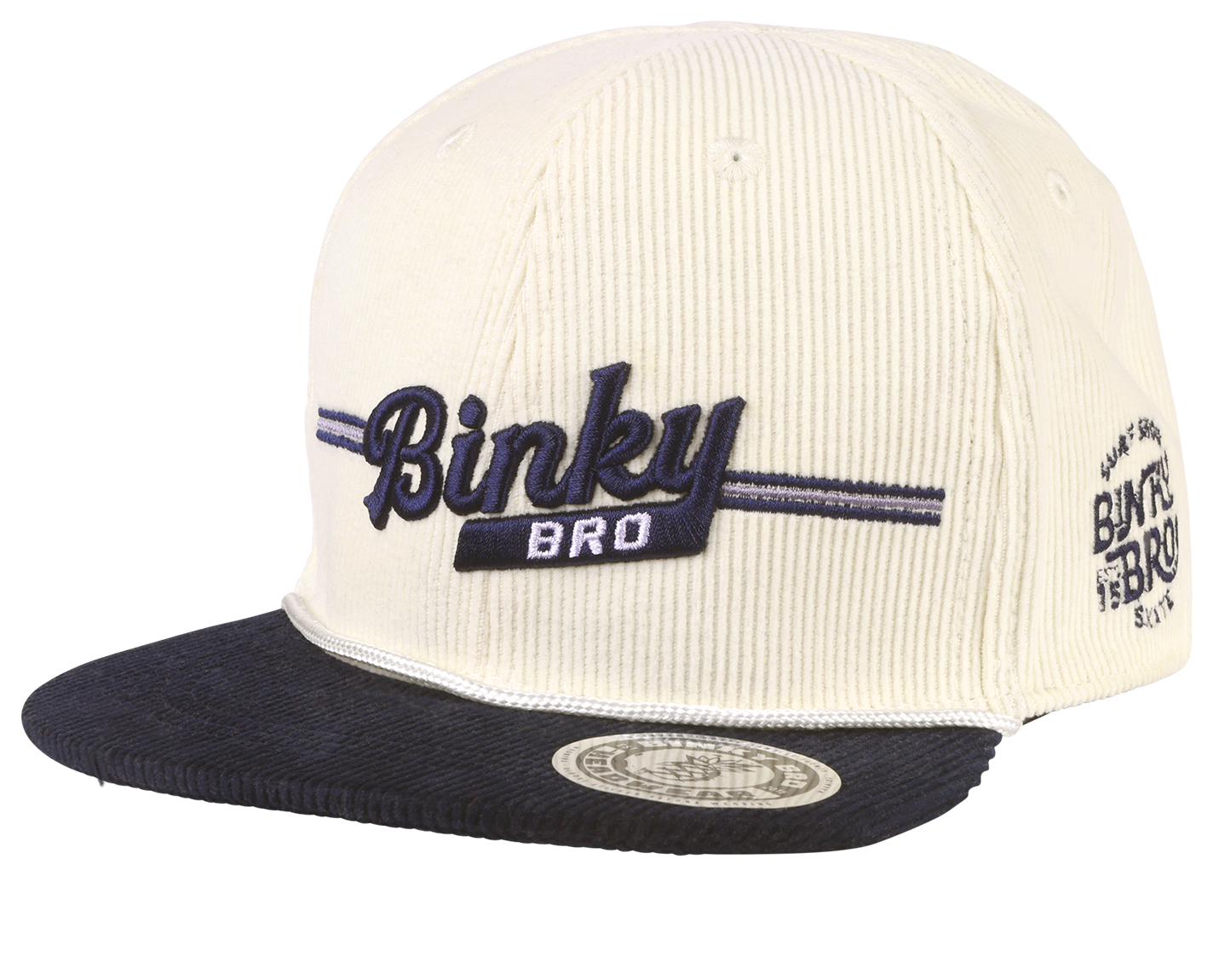 Stylish two-tone snapback hat for kids featuring a corduroy design and embroidered BinkyBro logo. Perfect for active youth.