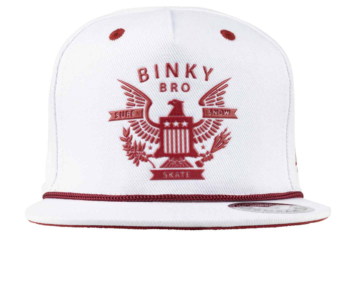 White snapback hat featuring a red Americana eagle graphic with the BinkyBro logo, designed for stylish youth apparel.