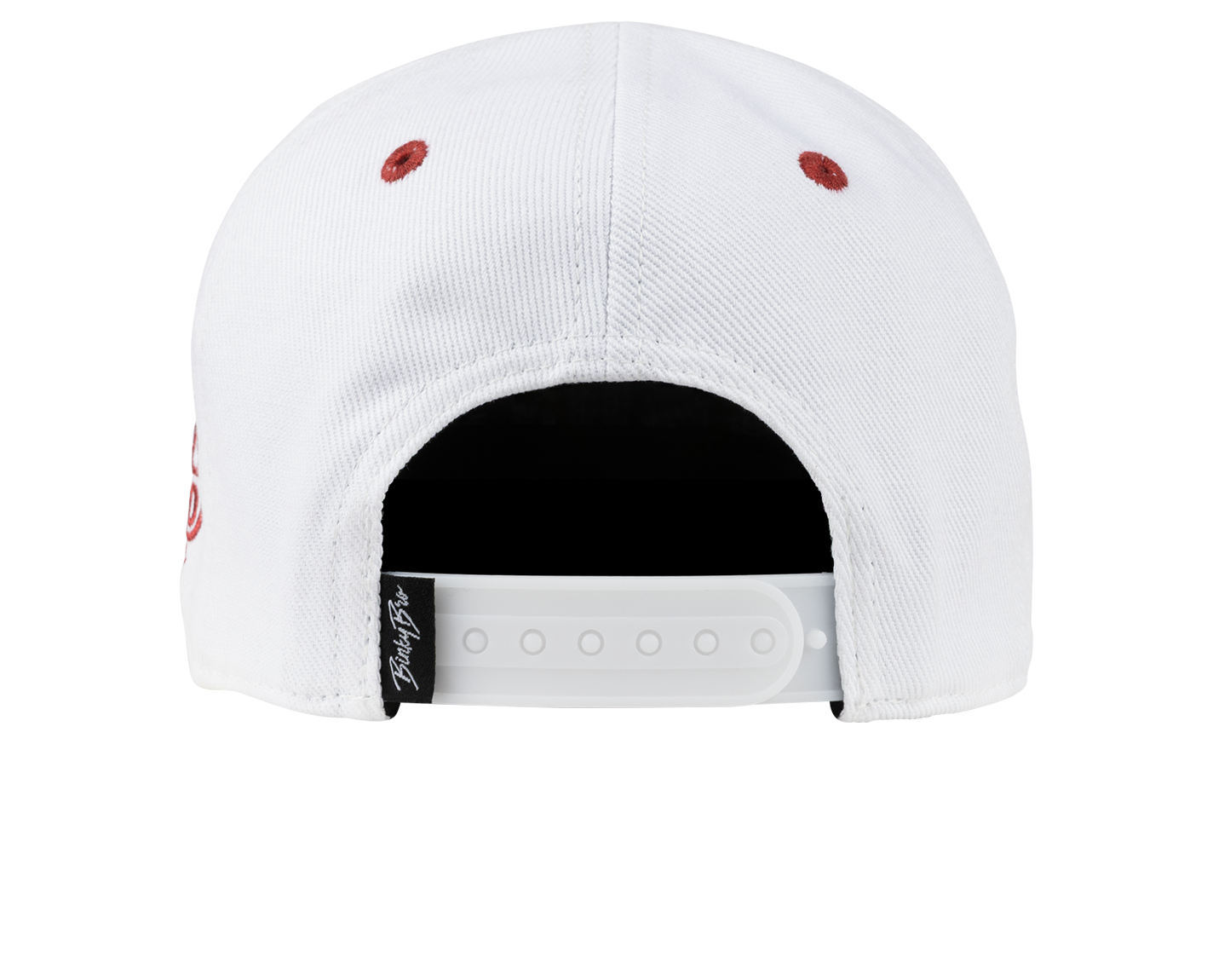 Back view of a white snapback cap featuring red accents, showcasing a clean design ideal for kids' casual wear.