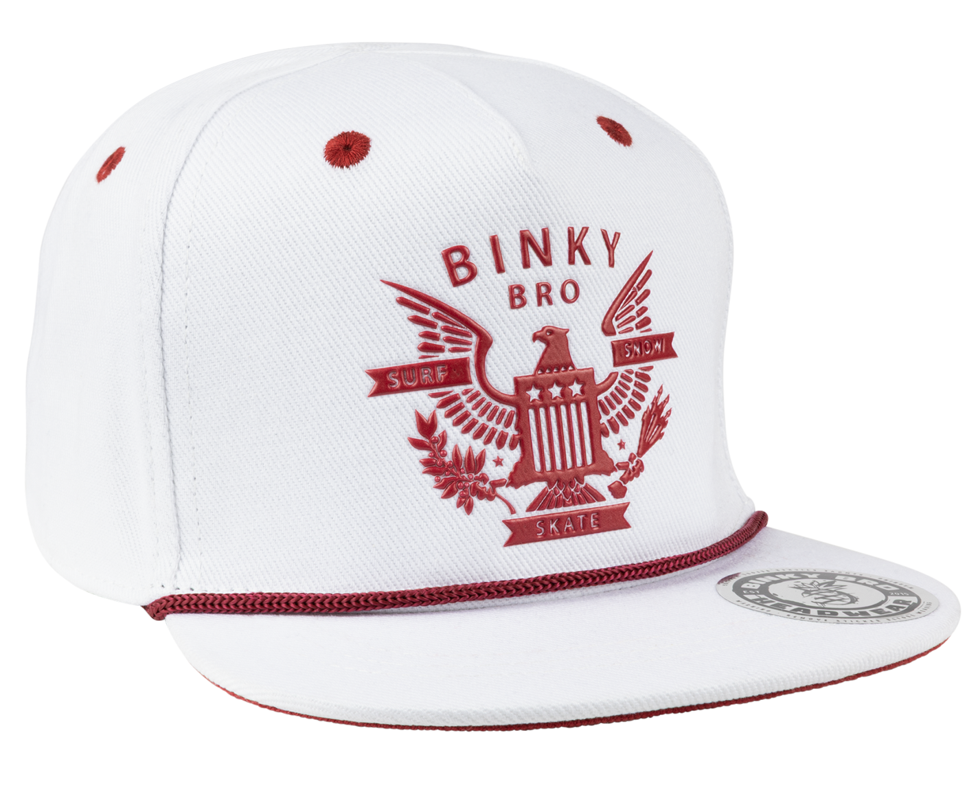 White snapback hat featuring a red Americana-inspired eagle graphic and BinkyBro branding, perfect for kids' stylish wear.