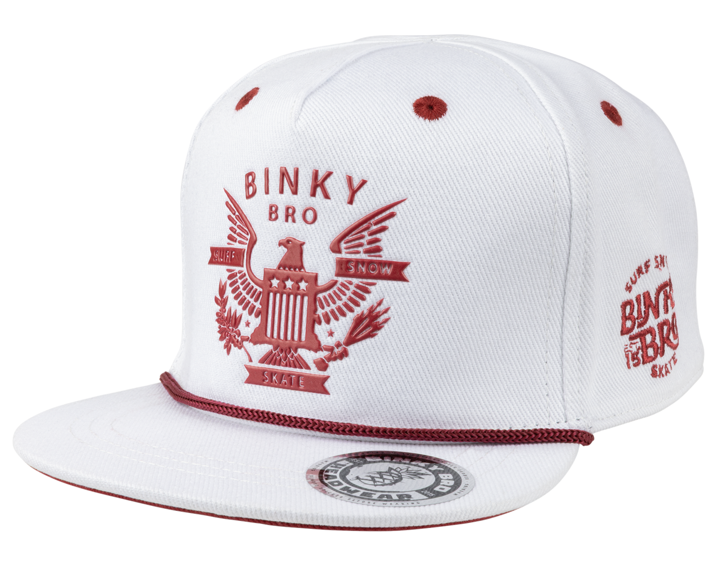 White snapback hat featuring a red Americana eagle graphic and Binky Bro branding, perfect for stylish youth wear.
