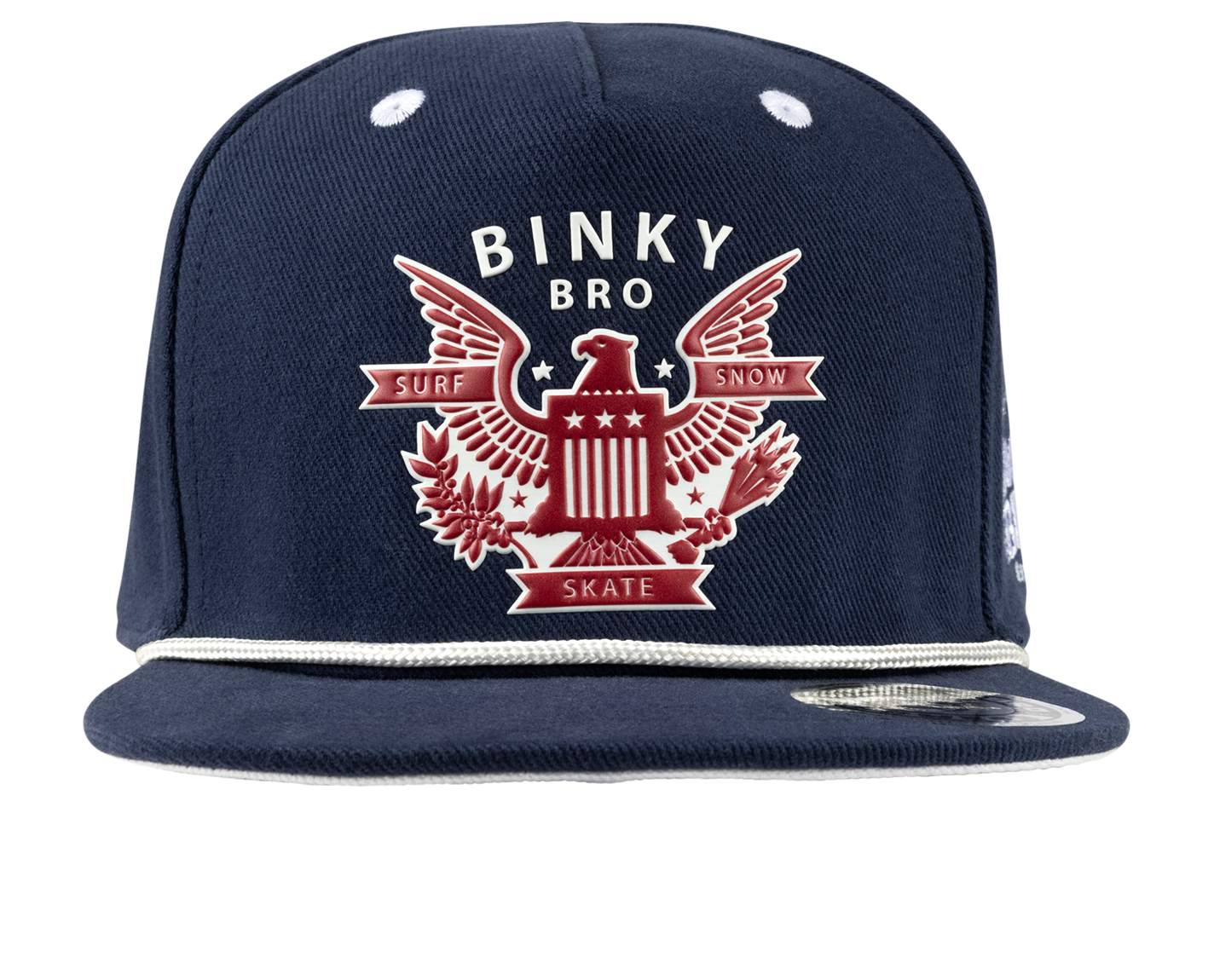 Navy blue snapback hat featuring a red eagle emblem and "Binky Bro" branding, designed for kids' surf, snow, and skate style.