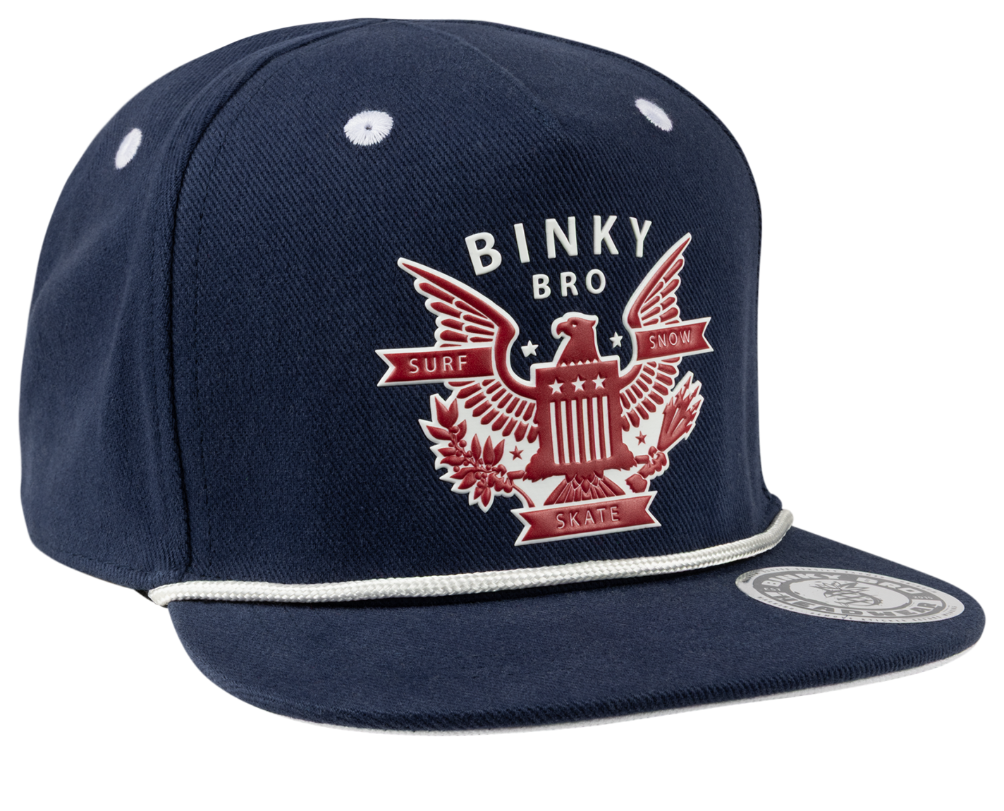 Navy blue snapback hat featuring a bold eagle graphic and BinkyBro logo, designed for kids embracing surf, snow, and skate culture.
