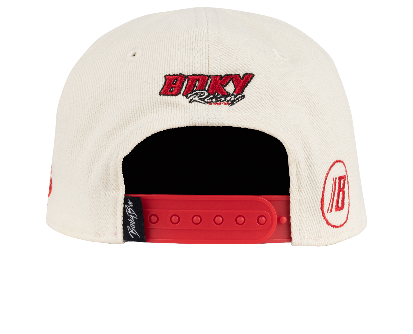 Back view of a cream snapback hat featuring red embroidered logo and adjustable strap, designed for kids' stylish wear.