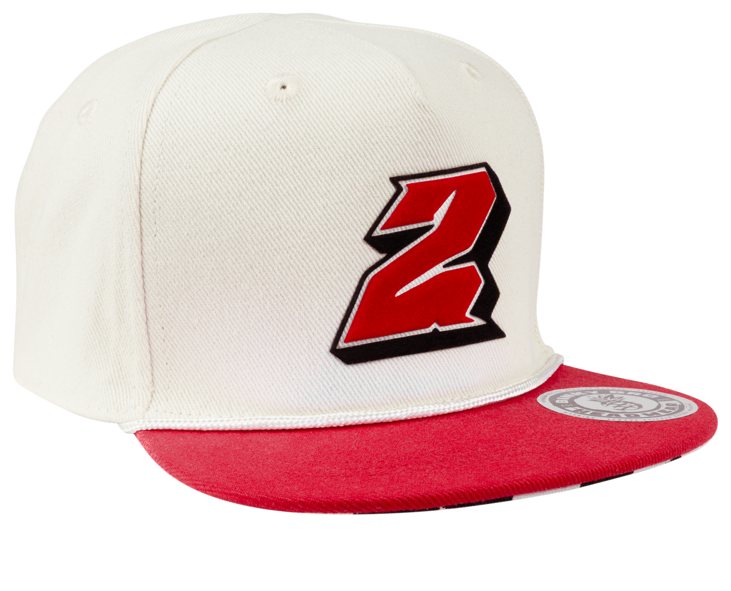 Stylish white snapback cap with a bold red number 2 logo and a red visor, perfect for kids' surf-snow-skate lifestyle.