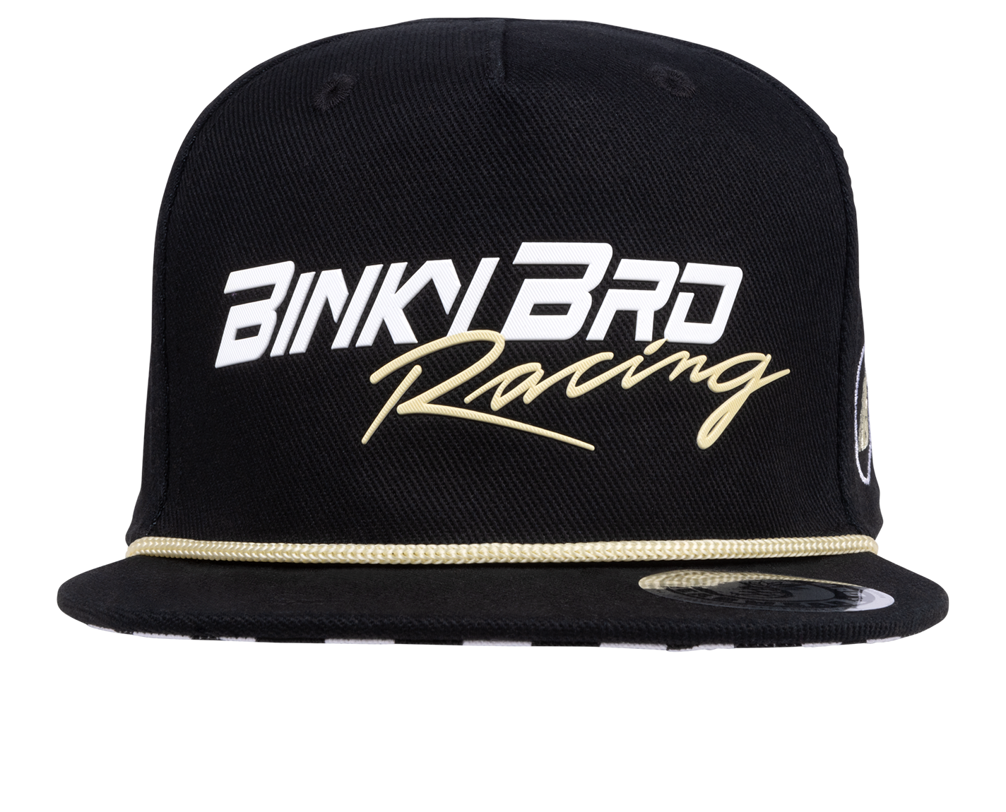 Black snapback hat featuring "BinkyBro Racing" in bold white and gold lettering, designed for stylish young racers.