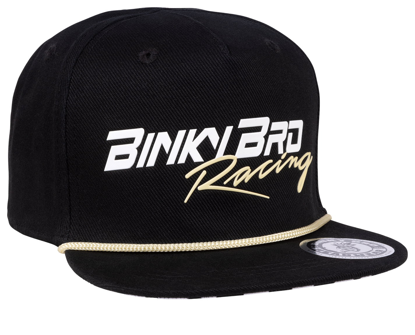 Black snapback hat featuring bold "BinkyBro Racing" logo in white and gold, designed for stylish young racers.