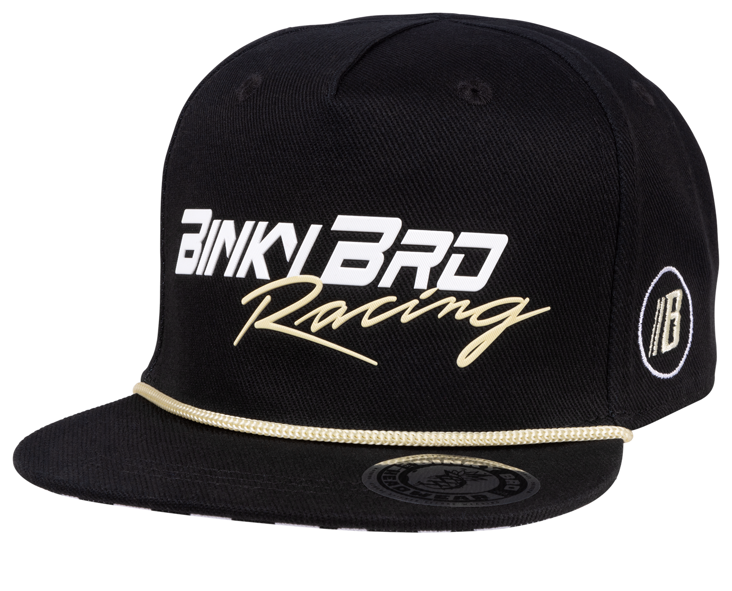 Black snapback hat featuring "BinkyBro Racing" in bold white and gold lettering, designed for stylish young racers.