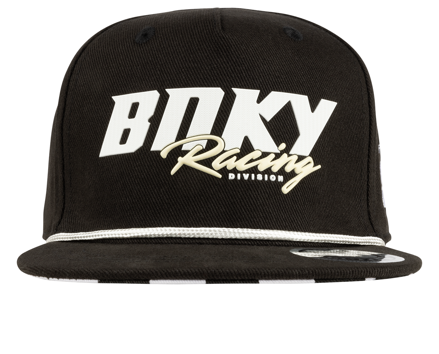 Black snapback hat featuring bold "BNKY Racing Division" text in white and gold, designed for stylish youth apparel.