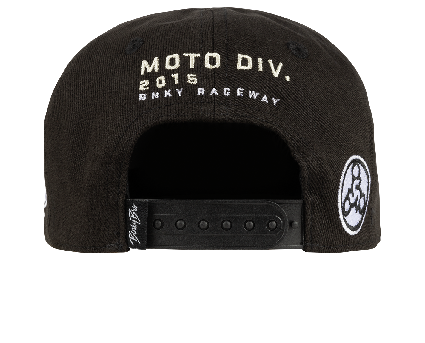 Black BNKY Racing snapback hat featuring "MOTO DIV. 2015 BNKY RACEWAY" embroidery on the back and logo patch.