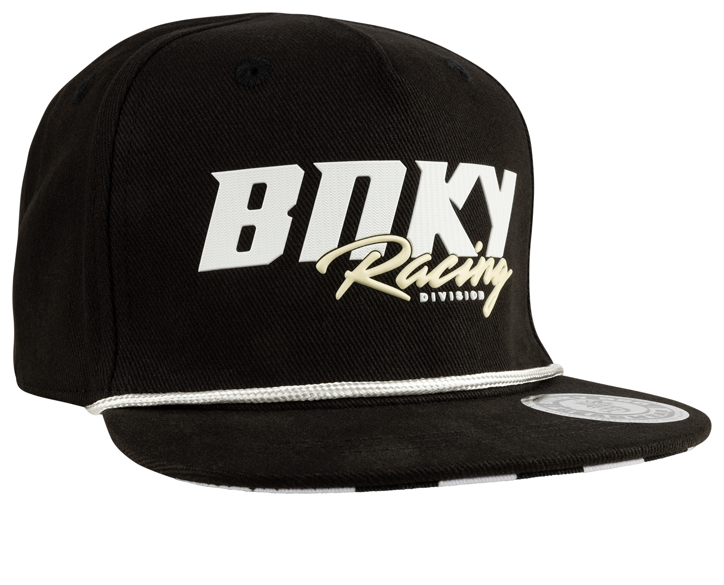 Black snapback cap featuring bold white "BNKY Racing" text and a stylish gold accent, perfect for young racing enthusiasts.