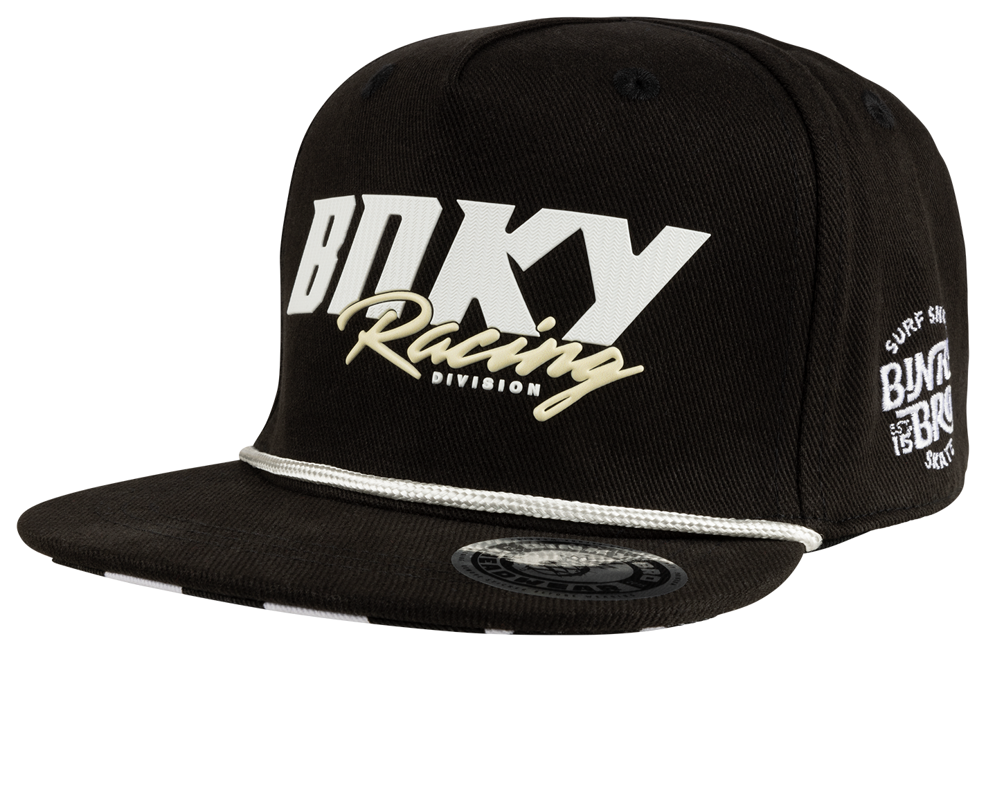 Black snapback hat featuring bold "BNKY Racing" logo and stylish white accents, perfect for young racing enthusiasts.
