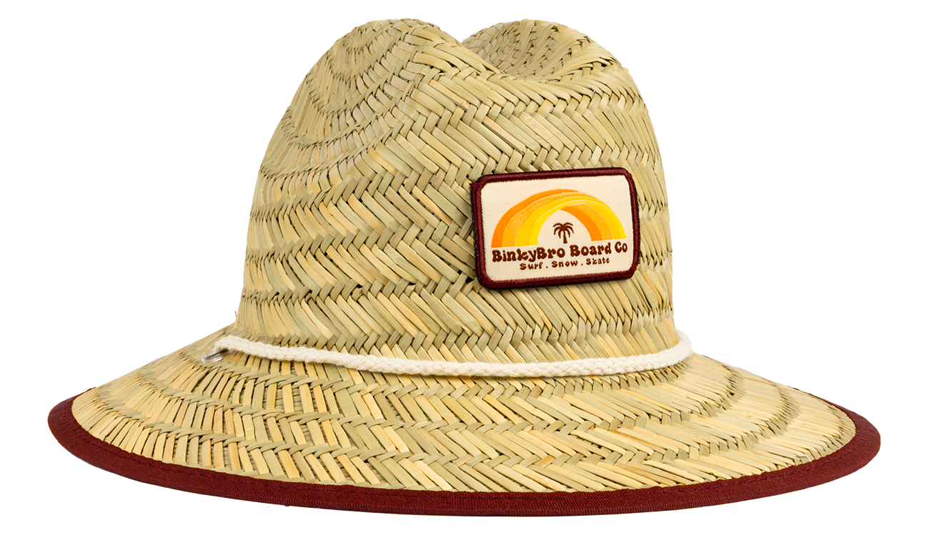 Stylish straw sun hat with a maroon trim and BinkyBro Board Co logo, perfect for kids' outdoor adventures.